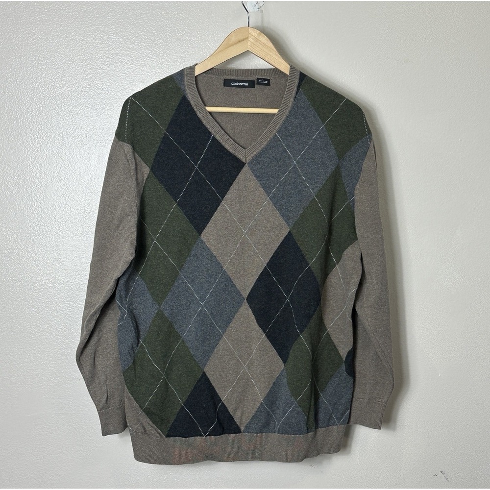 Claiborne Argyle Sweater Mens Large Pullover Multicolor Long Sleeve V-Neck‎